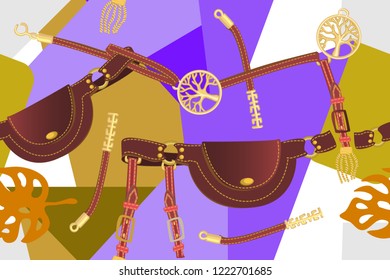 Fashion seamless pattern. Abstract print with bags and straps on geometric background.