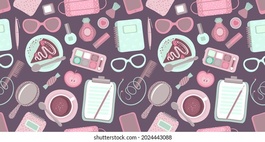 Fashion seamless pattern background with female accessories - cosmetics, sweets, gadgets, make up tools, etc.