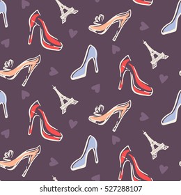 Fashion Seamless pattern background with hand drawn sketch of elegant women shoes and Paris Eiffel Towers. Vector illustration