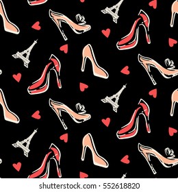 Fashion Seamless pattern background with hand drawn sketch of elegant women shoes and Paris Eiffel Towers. Vector illustration. Good for wrapping paper, boutique decor, cover design