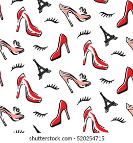 Fashion Seamless pattern background with red shoes, eyelashes and Paris Eiffel Towers, isolated on white. Vector illustration