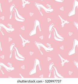 Fashion Seamless pattern background with women shoes and Paris Eiffel Towers silhouette. Vector illustration
