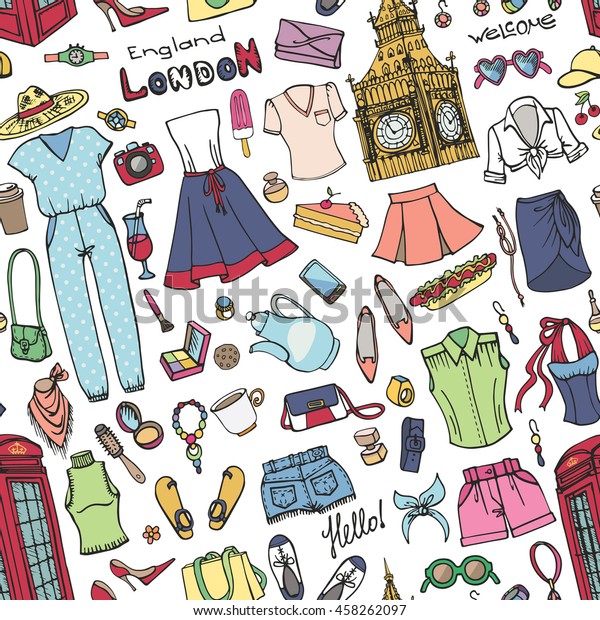 ファッションのシームレスなパターンの背景 ロンドン イギリス 女性の夏休みの着物 衣装 ベルクターのドレス 衣服 アクセサリー 手描きの落書き風夏パーティーセット スケッチイラスト 壁紙 のベクター画像素材 ロイヤリティフリー