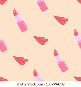 Fashion seamless pattern beauty element, makeup concept cosmetic lipstick, lips in pink pastel shades. Vector illustration for journalist, postcards, wallpapers, postcards, packaging.
