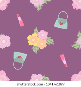 Fashion seamless pattern beauty element, makeup concept cosmetic lipstick, cosmetic bag, flowers. Vector illustration for festive design, packaging, wallpaper, fabric, textile, accessories.