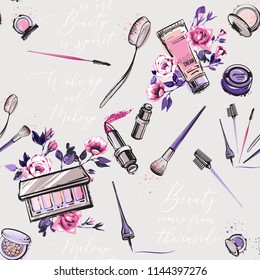 Fashion seamless pattern for beauty salon. Vector fashion illustrations with watercolor style paint splashes. Stylish and beautiful graphic on white background. Design for logo, t shirt and uniform.