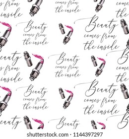 Fashion seamless pattern for beauty salon with fashion quote and lipstick. Vector fashion illustrations with watercolor style paint splashes. Design for logo, t shirt and uniform.