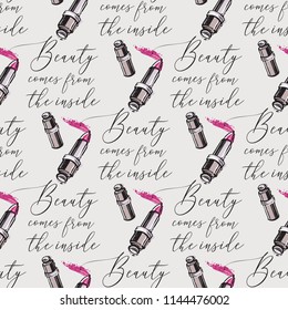Fashion seamless pattern for beauty salon with fashion quote and lipstick. Vector fashion illustrations with watercolor style paint splashes. Design for logo, t shirt and uniform.