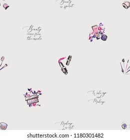 Fashion seamless pattern for beauty salon. Vector fashion illustrations with watercolor style paint splashes. Stylish and beautiful graphic on white background. Design for logo, t shirt and uniform.