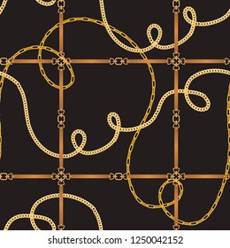 Fashion Seamless Pattern with Belts and Golden Chains. Fabric Design Background with Chain, Metallic accessories and Jewelry for Wallpapers, Prints. Vector illustration