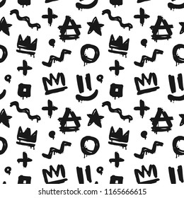 Fashion seamless pattern of black  graffiti abstract tags isolated from white background. Hand drawn hipster style vector background for print fabric and textile design