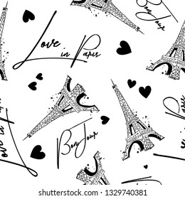 Fashion seamless pattern. Bonjour Paris. pattern with original calligraphic fonts, sketch Eiffel Tower and heart. for  fashion clothes, t shirt, child, wrapping paper. Creative girlish design  