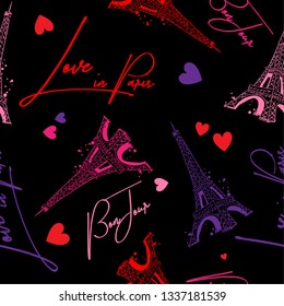 Fashion seamless pattern. Bonjour Paris. pattern with original calligraphic fonts, sketch Eiffel Tower and heart. for  fashion clothes, t shirt, child, wrapping paper. Creative girlish design  