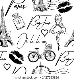 Fashion seamless pattern. Bonjour Paris. pattern with original calligraphic fonts, sketch Eiffel Tower and heart. for  fashion clothes, t shirt, child, wrapping paper. Creative girlish design  