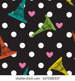 Fashion seamless pattern. Bonjour Paris. pattern with sketch Eiffel Tower and heart and dots. for fashion clothes, t shirt, child, wrapping paper. Creative girlish design