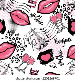 Fashion seamless pattern. Bonjour Paris. pattern with hand drawn  Eiffel Tower and lips. for  fashion clothes, t shirt, child, wrapping paper. Creative girlish design  
