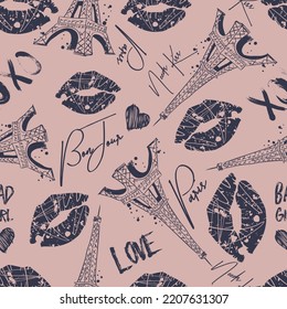 Fashion seamless pattern. Bonjour Paris. pattern with original calligraphic fonts, sketch Eiffel Tower and heart. for  fashion clothes, t shirt, child, wrapping paper. Creative girlish design  