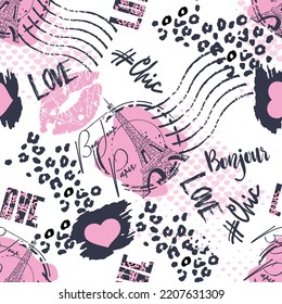 Fashion seamless pattern. Bonjour Paris. pattern with original calligraphic fonts, sketch Eiffel Tower and heart. for  fashion clothes, t shirt, child, wrapping paper. Creative girlish design  