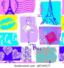 Fashion seamless pattern. Bonjour Paris. pattern with original calligraphic fonts, sketch Eiffel Tower and lips. for  fashion clothes, t shirt, child, wrapping paper. Creative girlish design  
