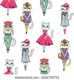 fashion seamless pattern of cat girls on a podium, dressed up in dress, coat. High fashion pattern, vector illustration