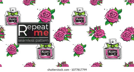 Fashion seamless pattern with classic perfume and rose flowers. Eco green natural makeup and accessories stickers and patches. Vector pattern background.