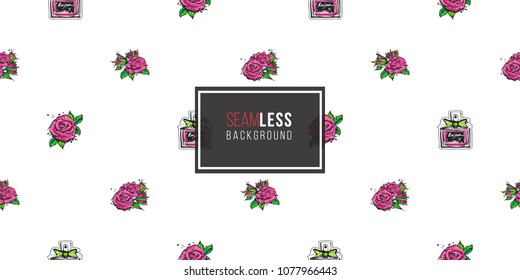 Fashion seamless pattern with classic perfume and rose flowers. Eco green natural makeup and accessories stickers and patches. Vector pattern background.