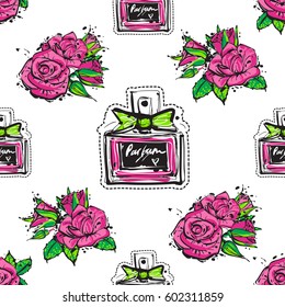 Fashion seamless pattern with classic perfume and rose flowers. Green natural makeup and accessories stickers and patches collection. Vector fashion illustration in vogue style.