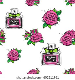 Fashion seamless pattern with classic perfume and rose flowers. Green natural makeup and accessories stickers and patches collection. Vector fashion illustration in vogue style.