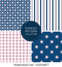 Fashion seamless pattern collection, stylish color palette: pink rose, navy blue and white. Minimalist geometric endless textures, repeat abstract backgrounds. Design for decoration, covers, prints