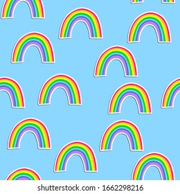 Fashion seamless pattern with colorful  rainbow on blue background. Design for invitation, poster, card, fabric, textile, fabric. Cute holiday illustration for baby.  Doodle style.