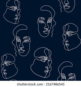 fashion seamless pattern continuous line art faces, doodle, florals seamless pattern. Hand drawn portraits illustration fashion design, printing, textile, fabric. Vector.
