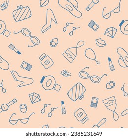 Fashion seamless pattern with cosmetics, jewelry, accessories. Hand-drawn doodle element. Vector background. 