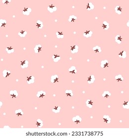 Fashion seamless pattern with a cute small cotton flowers for fabric print, textiles, home decor, girl and baby clothes. Pastels pink color, flat style. Vector illustration