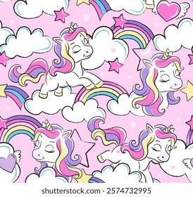 Fashion seamless pattern cute unicorn. Print for clothes and fabric. Cartoon character. Pony