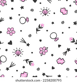 Fashion seamless pattern with diamonds, flowers, rings and stars. Cute girly background, stylish doodle fabric print. Simple vector decorative texture