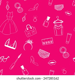 Fashion seamless pattern. Dress, earrings, lipstick pink illustration.