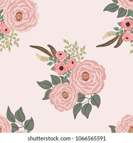 Fashion seamless pattern with feathers, antique roses in a folk bohemian style for stylish fabrics, prints, textile, wallpaper. Trendy floral print. Boho chic millefleurs