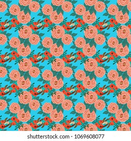 Fashion seamless pattern with feathers, antique roses in a folk bohemian style for stylish fabrics, prints, textile, wallpaper. Trendy floral print. Boho chic millefleurs
