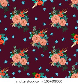 Fashion seamless pattern with feathers, antique roses in a folk bohemian style for stylish fabrics, prints, textile, wallpaper. Trendy floral print. Boho chic millefleurs