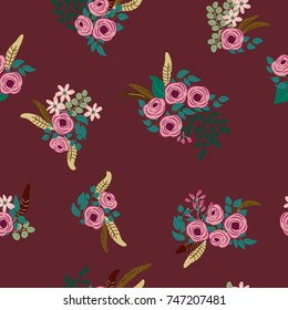 Fashion seamless pattern with feathers, antique roses in a folk bohemian style for a stylish fabrics, prints, textile, wallpaper. Trendy floral print. Boho chic millefleurs