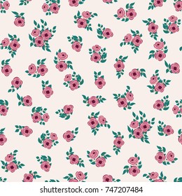 Fashion seamless pattern with feathers, small flowers of antique roses in a folk bohemian style for a stylish fabrics, prints, textile, wallpaper. Trendy color floral print. Boho chic millefleurs