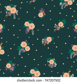 Fashion seamless pattern with feathers, small flowers of antique roses in a folk bohemian style for a stylish fabrics, prints, textile, wallpaper. Trendy color floral print. Boho chic millefleurs