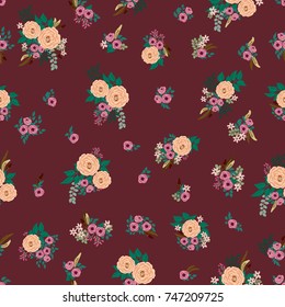 Fashion seamless pattern with feathers, small flowers of antique roses in a folk bohemian style for a stylish fabrics, prints, textile, wallpaper. Trendy color floral print. Boho chic millefleurs