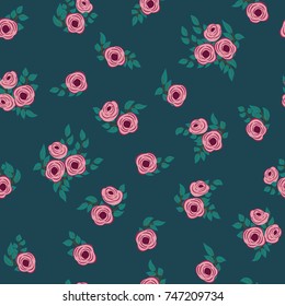 Fashion seamless pattern with feathers, small flowers of antique roses in a folk bohemian style for a stylish fabrics, prints, textile, wallpaper. Trendy color floral print. Boho chic millefleurs