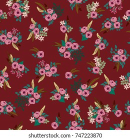Fashion seamless pattern with feathers, small flowers of antique roses in a folk bohemian style for a stylish fabrics, prints, textile, wallpaper. Trendy color floral print. Boho chic millefleurs