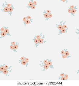 Fashion seamless pattern with feathers, small flowers of antique roses in a folk bohemian style for a stylish fabrics, prints, textile, wallpaper. Trendy floral print. Boho chic millefleurs