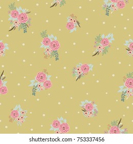Fashion seamless pattern with feathers, small flowers of antique roses in a folk bohemian style for a stylish fabrics, prints, textile, wallpaper. Trendy floral print. Boho chic millefleurs