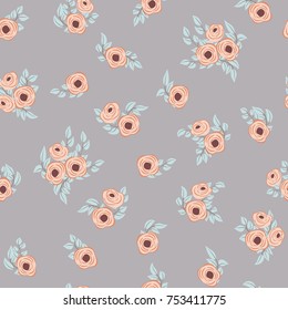 Fashion seamless pattern with feathers, small flowers of antique roses in a folk bohemian style for a stylish fabrics, prints, textile, wallpaper. Trendy floral print. Boho chic millefleurs
