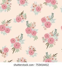Fashion seamless pattern with feathers, small flowers of antique roses in a folk bohemian style for a stylish fabrics, prints, textile, wallpaper. Trendy floral print. Boho chic millefleurs
