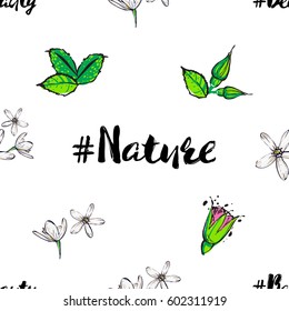 Fashion seamless pattern with flowers and hashtags: beauty, nature. Green natural stickers and patches collection. Vector fashion floral illustration in vogue style.